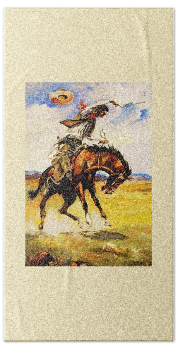 Westerns Bath Towel featuring the painting Bill Picket Taming a Bronc by Al Brown