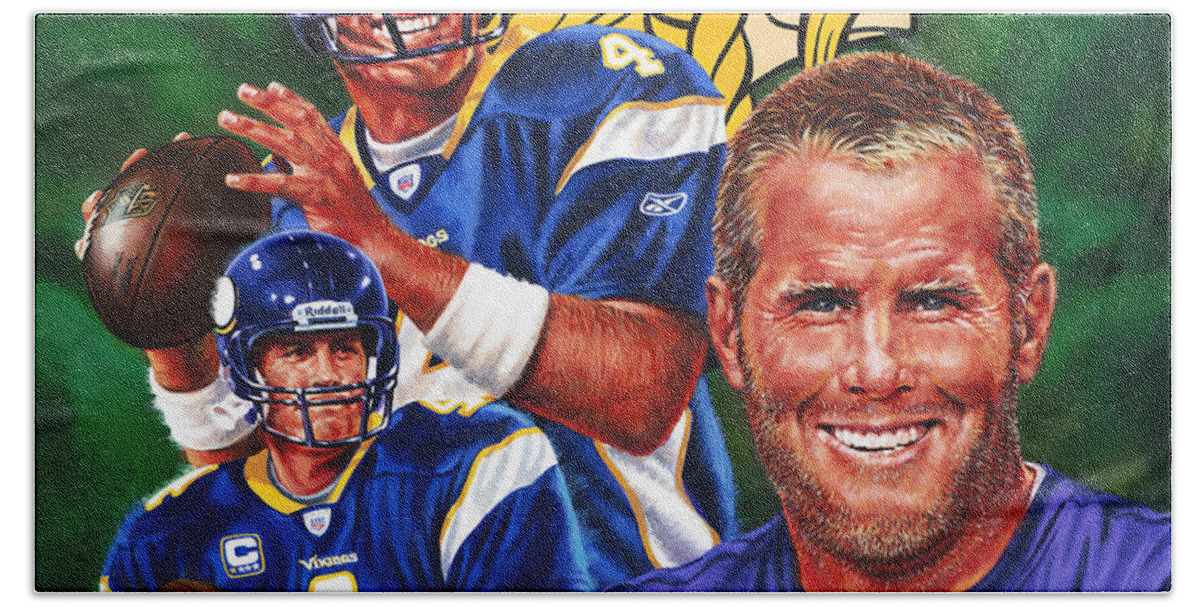 Portrait Bath Towel featuring the painting Bret Favre by Dick Bobnick