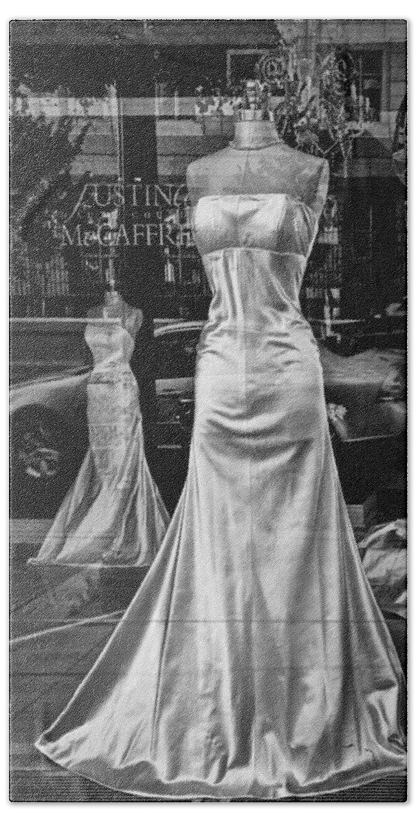 Art Bath Towel featuring the photograph Bridal Dress Display Mannequins in storefront window in Black and White by Randall Nyhof
