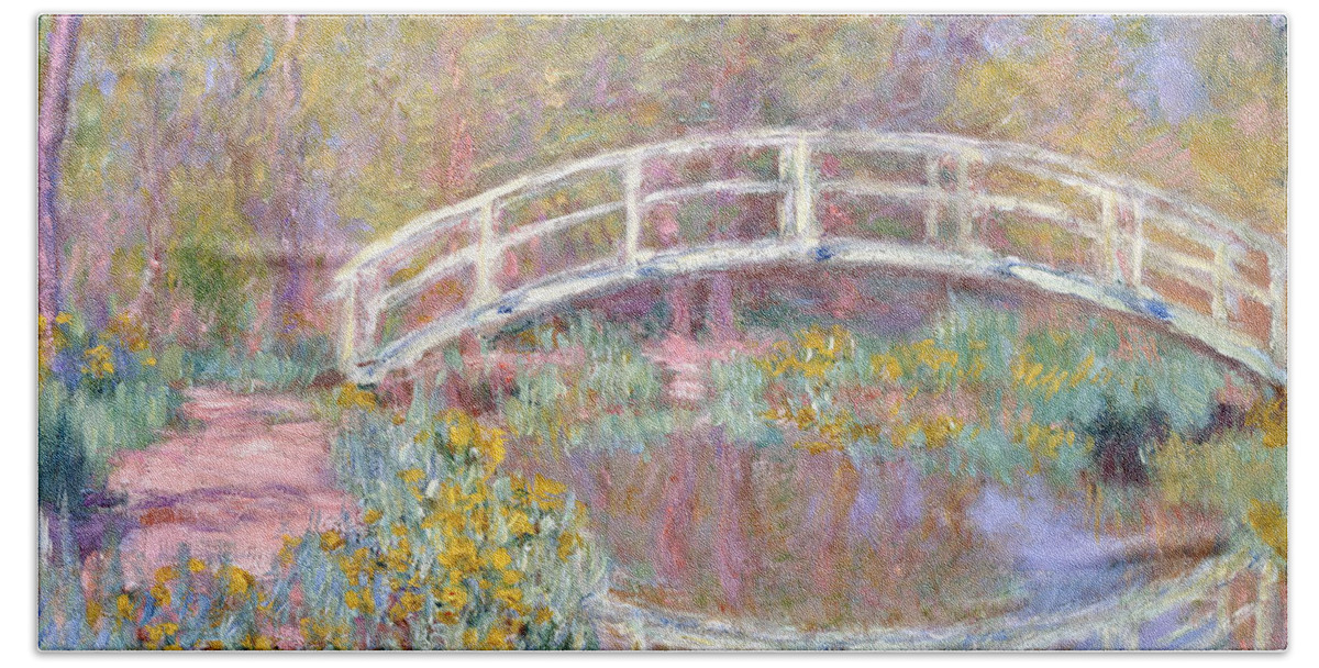 Monet Bath Sheet featuring the painting Bridge in Monet's Garden by Claude Monet