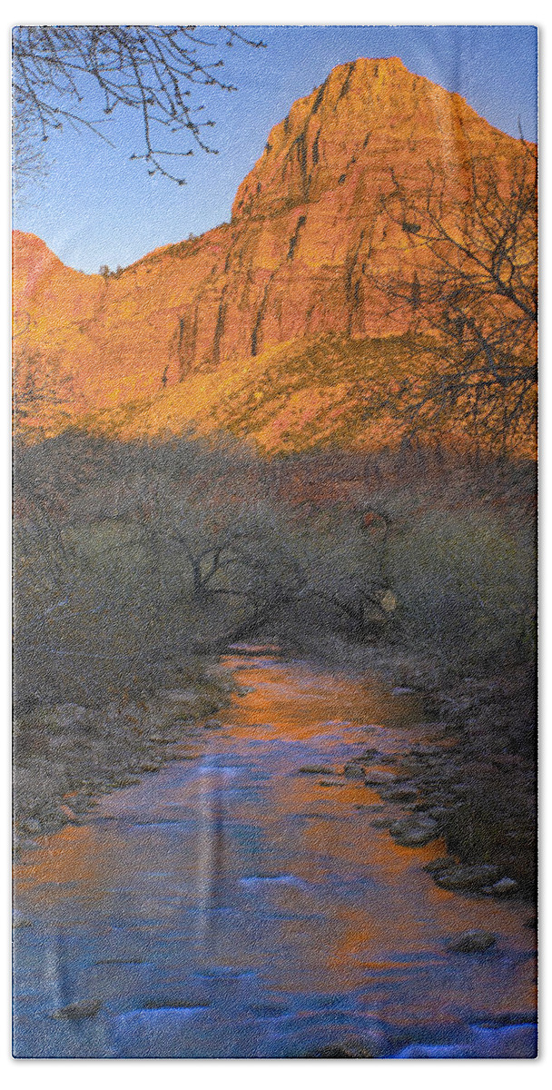 Feb0514 Bath Towel featuring the photograph Bridge Mt And The Virgin River Zion Np by Tim Fitzharris