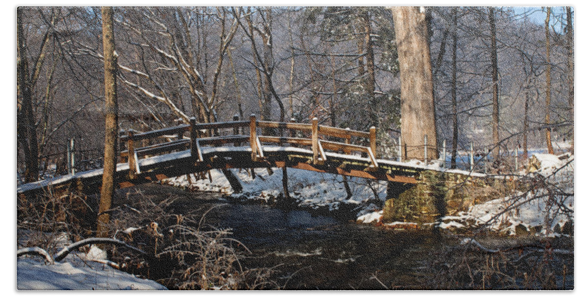 Winter Bath Towel featuring the photograph Bridge over snowy Valley Creek by Michael Porchik