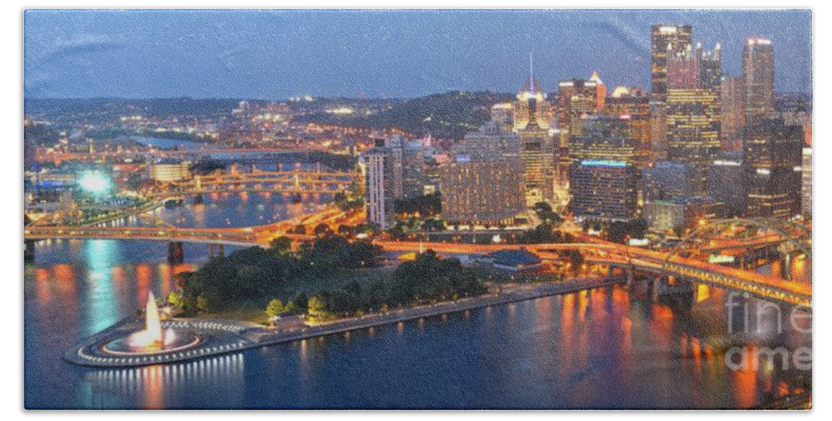 Pittsburgh Skyline Bath Towel featuring the photograph Bridge To The Pittsburgh Skyline by Adam Jewell