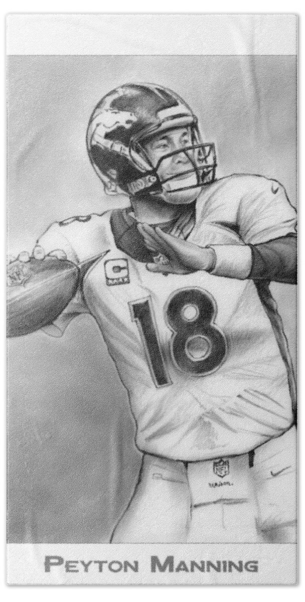 Nfl Football Broncos Peyton Manning Hand Towel featuring the drawing Broncos Peyton Manning by Greg Joens