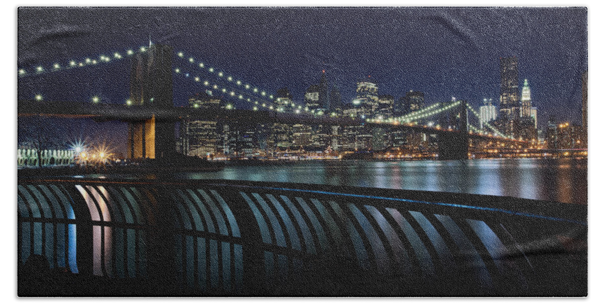 Night Hand Towel featuring the photograph Brooklyn Bridge at Night by David Smith
