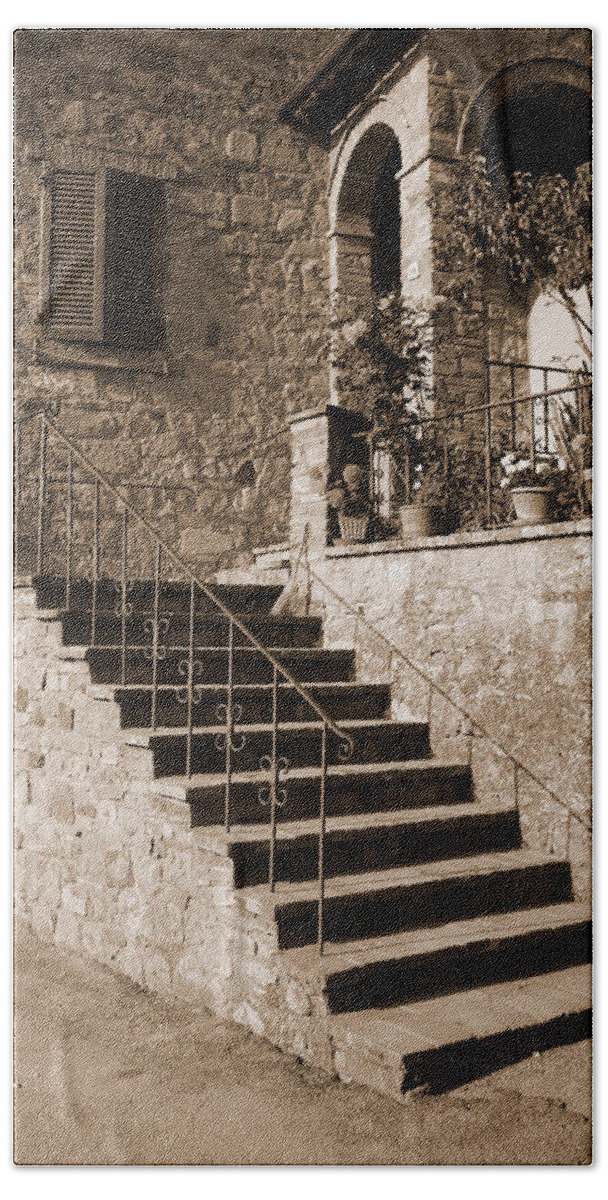 Tuscany Bath Towel featuring the photograph Broom on the Stairs by Donna Corless