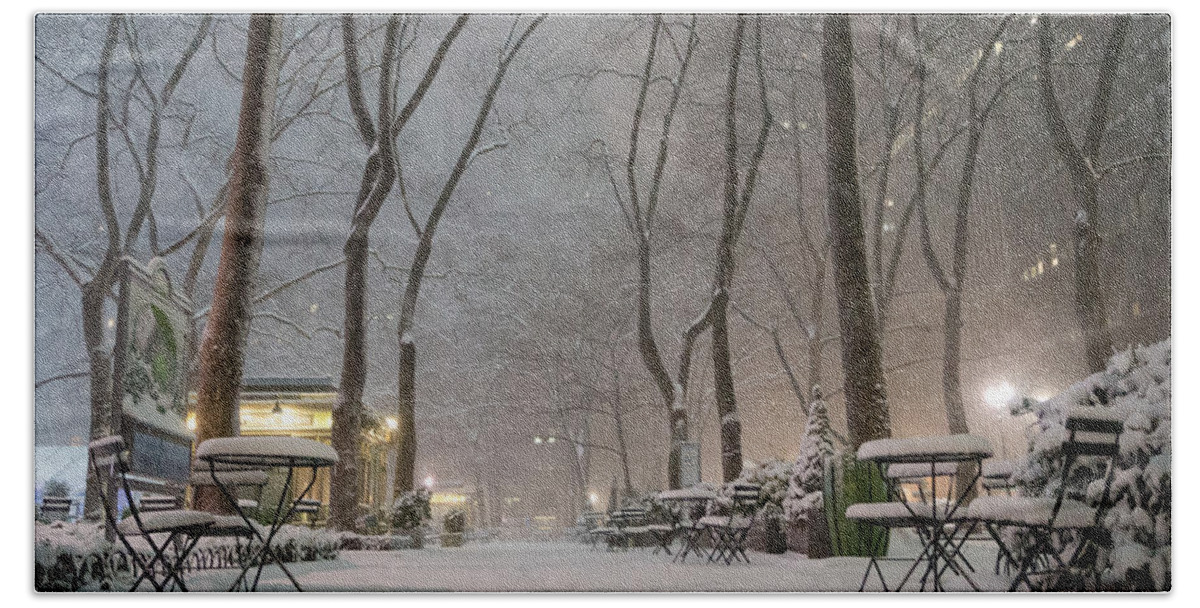 Nyc Bath Towel featuring the photograph Bryant Park - Winter Snow Wonderland - by Vivienne Gucwa
