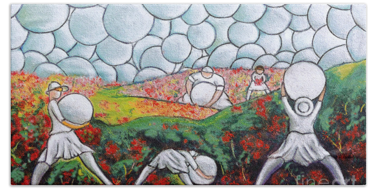 Fantasy Bath Towel featuring the painting Bubble Sky And Flower Fields by William Cain