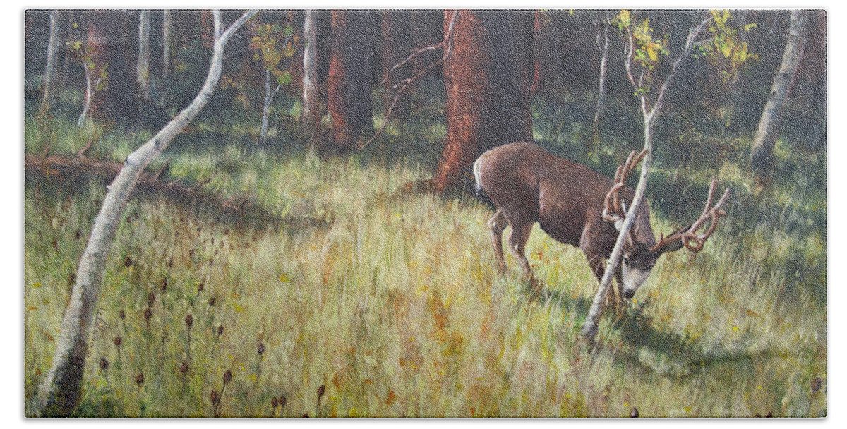 Mule Deer Hand Towel featuring the painting Buck Rub by Robert Corsetti