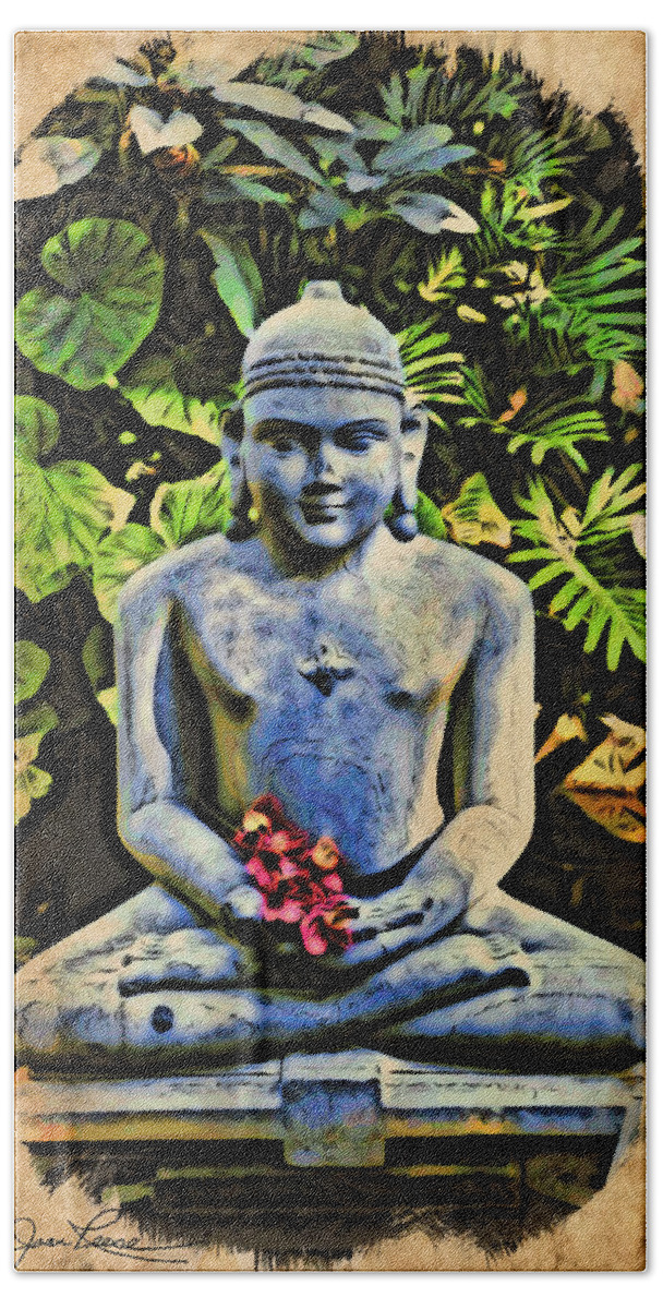 Buddha Bath Towel featuring the painting Buddha in Garden by Joan Reese