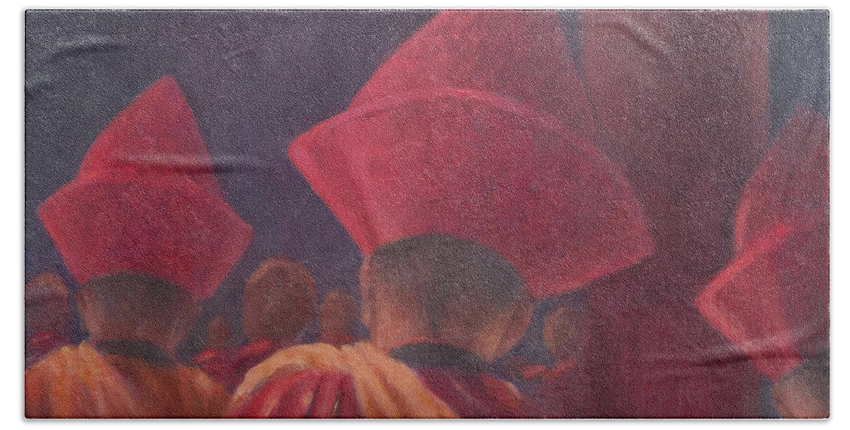 Buddhist Hand Towel featuring the photograph Buddhist Monks, Bhutan, 2012 Acrylic On Canvas by Lincoln Seligman