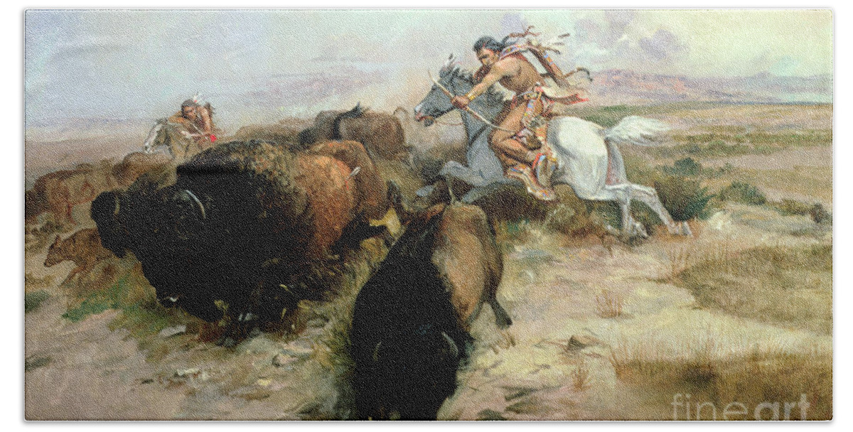 Buffalo Bath Towel featuring the painting Buffalo Hunt by Charles Marion Russell