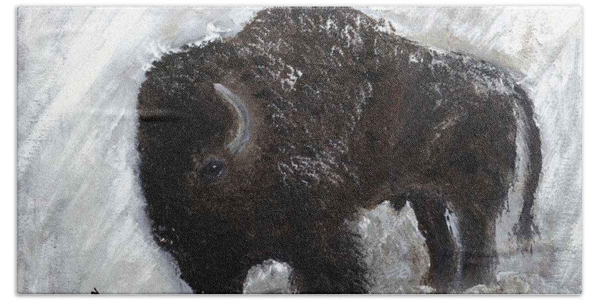 Tatanka Bath Towel featuring the painting Buffalo in the Snow by Barbie Batson