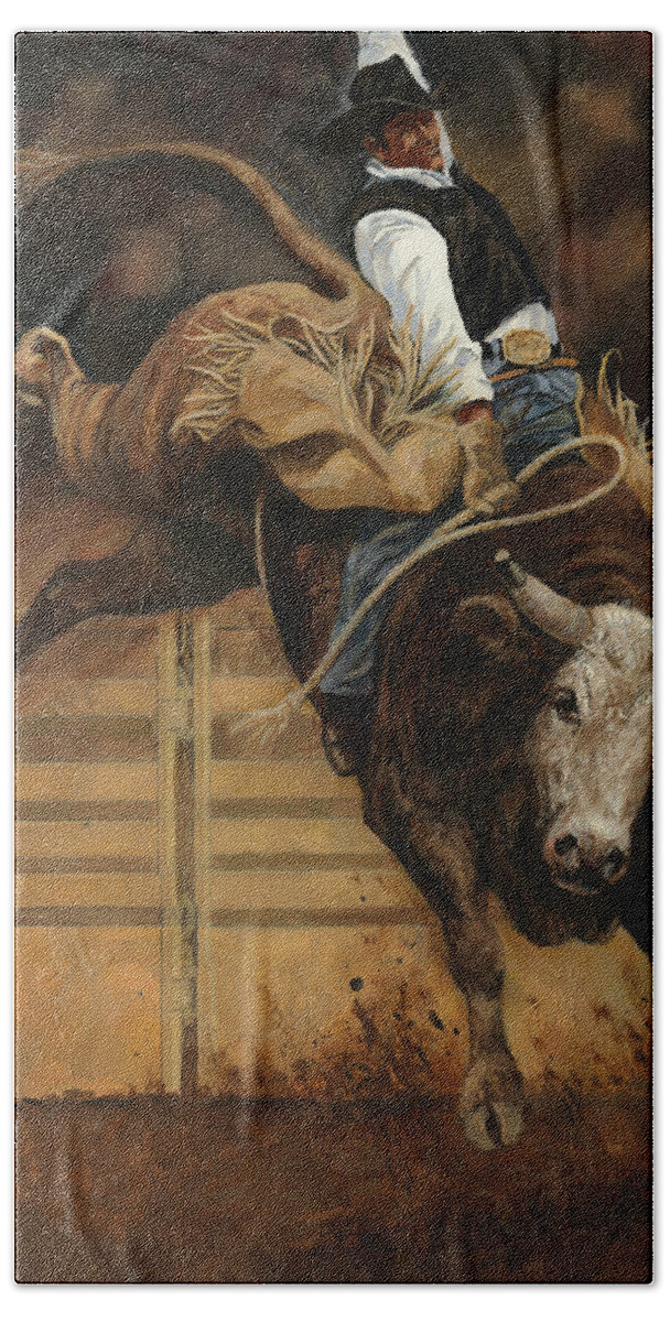 Bull Hand Towel featuring the painting Bull Rider 1 by Don Langeneckert