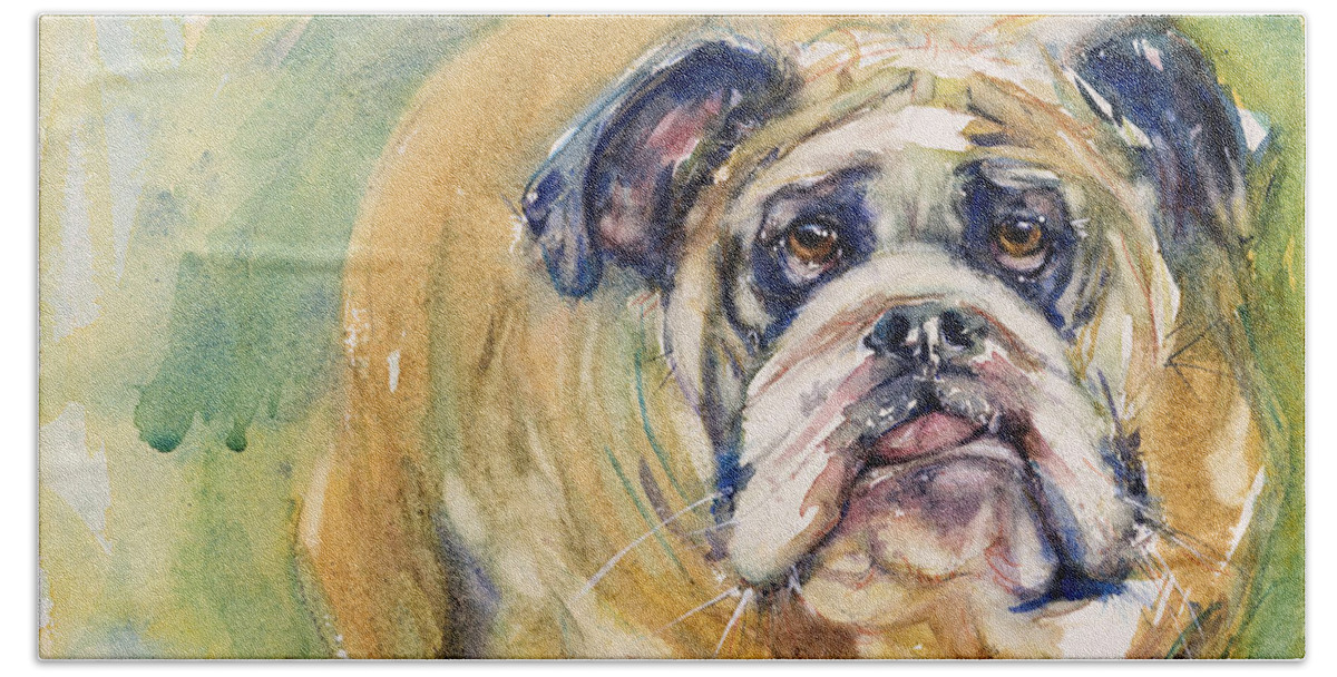 Dog Hand Towel featuring the painting Bulldog by Judith Levins