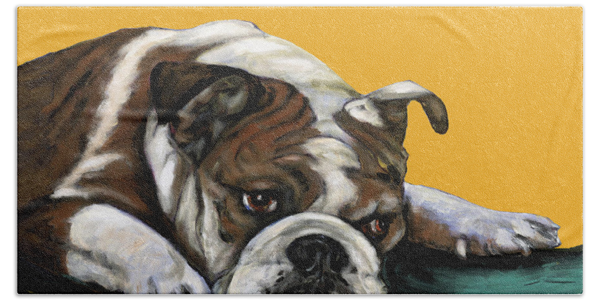 Bull Dog Bath Towel featuring the painting Bulldog On Yellow by Dale Moses