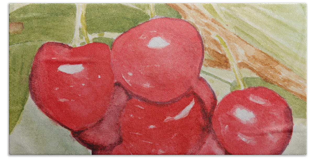 Fruit Bath Towel featuring the painting Bunch of Red Cherries by Elvira Ingram