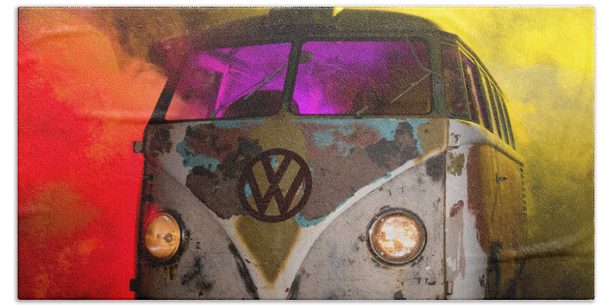 Barndoor Hand Towel featuring the photograph Bus In A Cloud of Multi-color Smoke by Richard Kimbrough