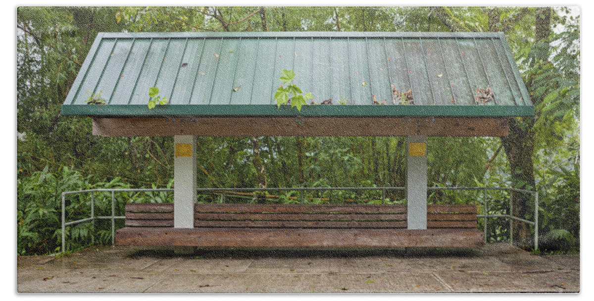 El Yunque Bath Towel featuring the photograph Bus Stop Bench In The Rainforest by Bryan Mullennix