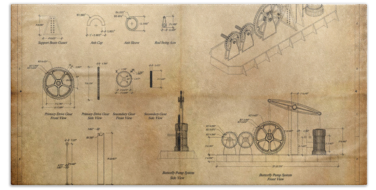 Steampunk; Gears; Housing; Cogs; Machinery; Lathe; Columns; Brass; Copper; Gold; Ratio; Rotation; Elegant; Forge; Industry; Jules Verne Bath Towel featuring the painting Butterfly Pump by James Hill