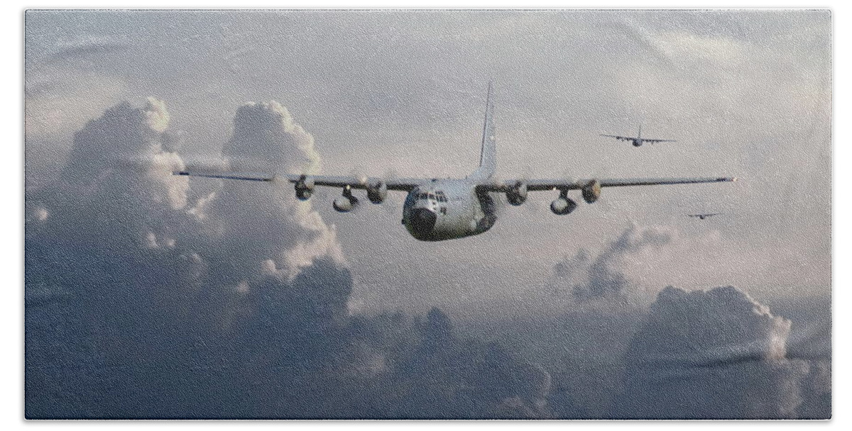 Aircraft Hand Towel featuring the digital art C130 Hecules  In Trail by Pat Speirs