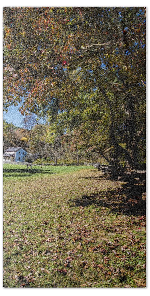 Cades Cove Bath Towel featuring the photograph Cades Cove House and Fall Colors by Kathy Clark