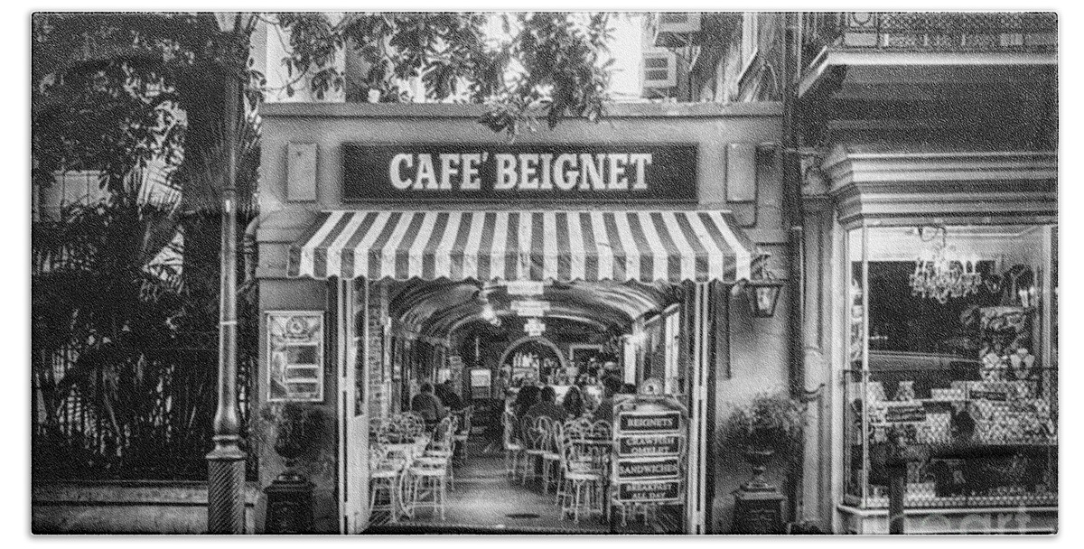 Nola Hand Towel featuring the photograph Cafe Beignet Morning NOLA - BW by Kathleen K Parker