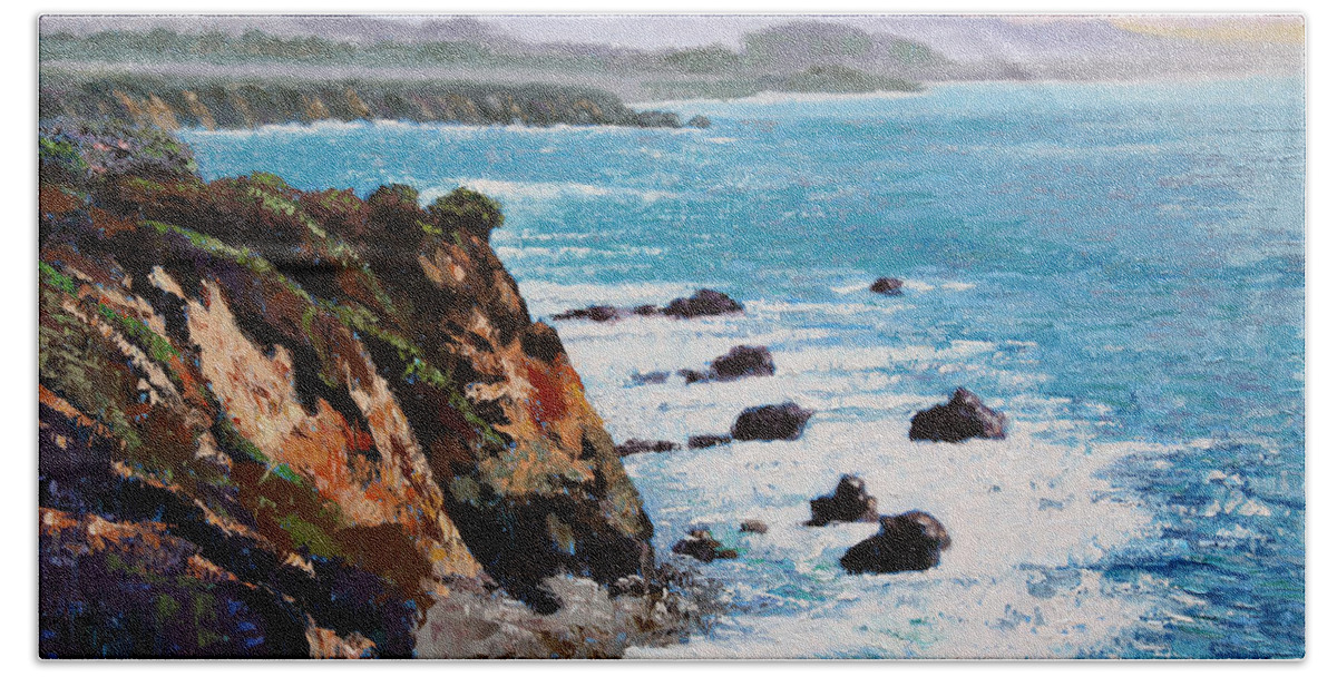 Ocean Hand Towel featuring the painting California Coastline by John Lautermilch