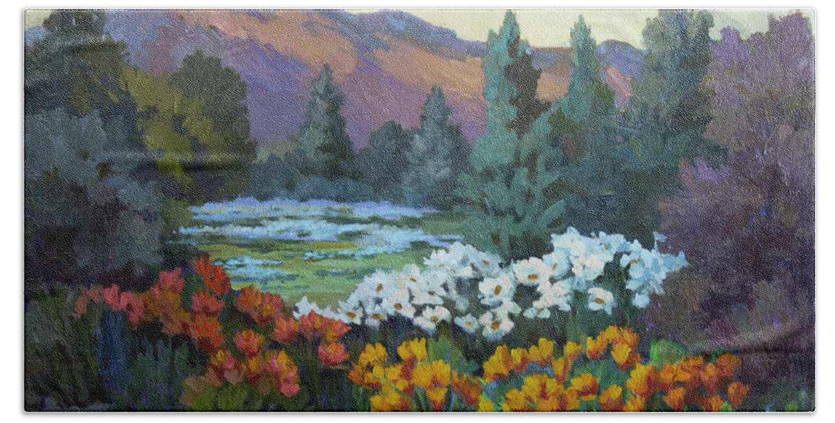 Californnia Bath Towel featuring the painting California Poppies at Santa Barbara by Diane McClary