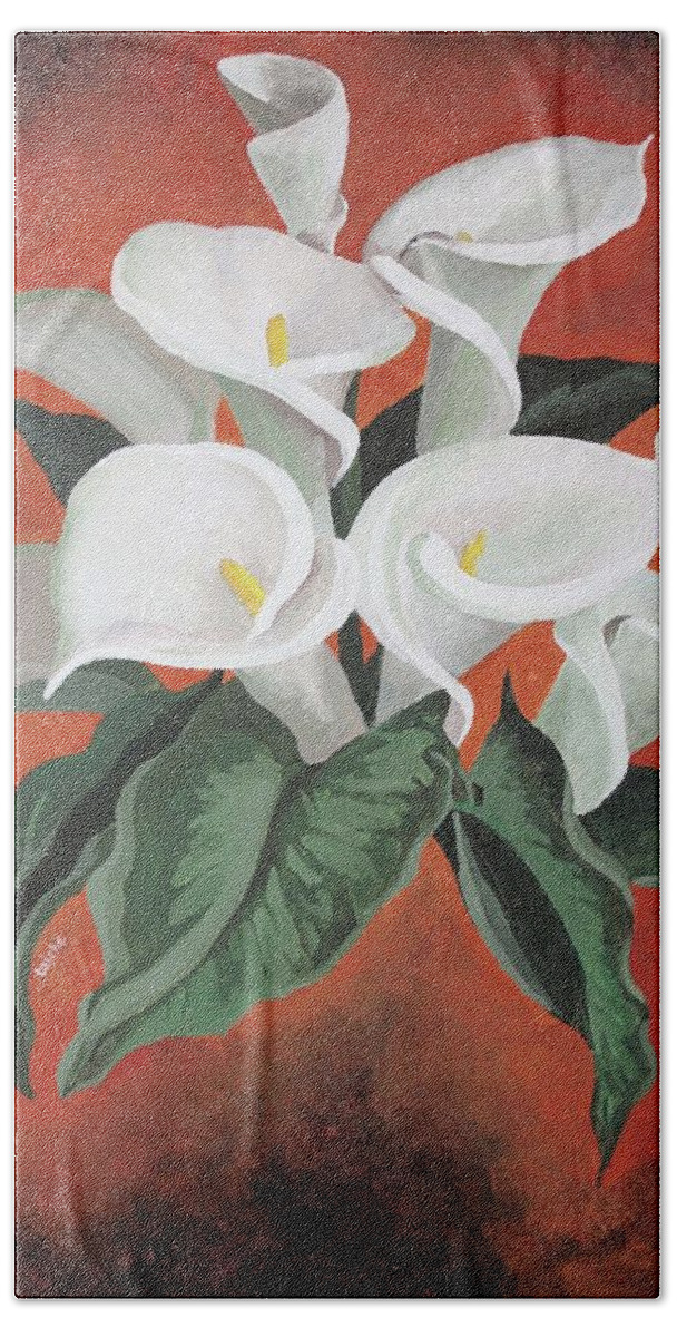  Bath Towel featuring the painting Calla Lilies On A Red Background by Taiche Acrylic Art