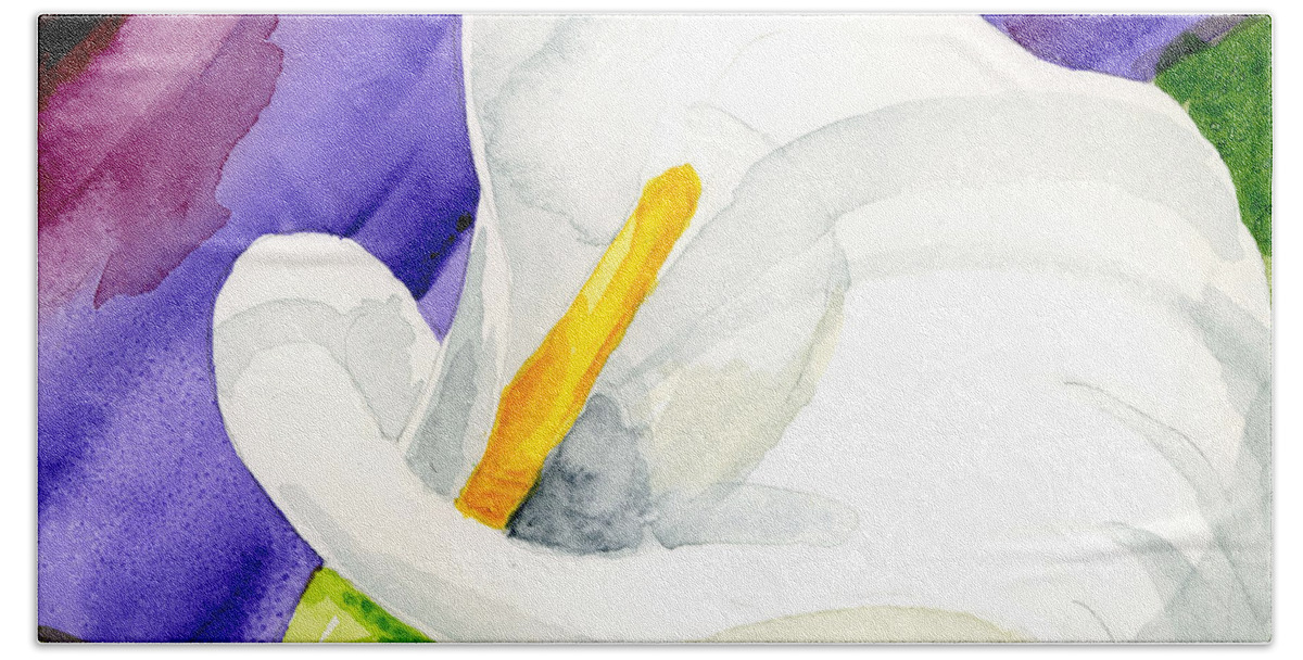 Calla Lilly Bath Towel featuring the painting Calla Lily Close Up by Annie Troe