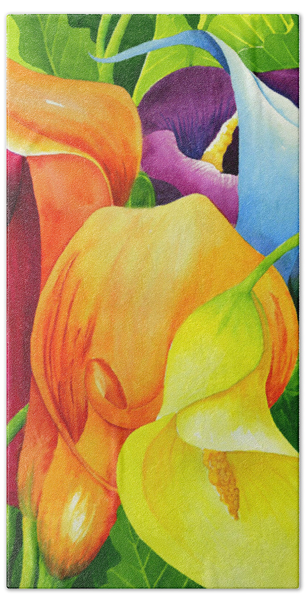 Flower Paintings Hand Towel featuring the painting Calla Lily Rainbow by Janis Grau