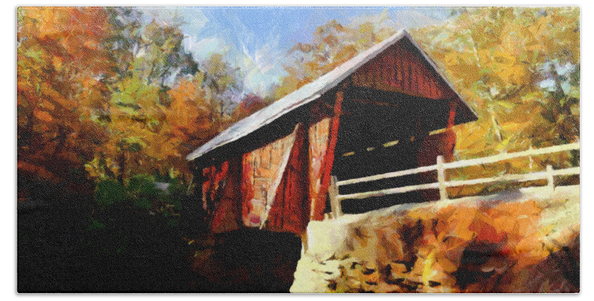 Covered Bridge Bath Towel featuring the painting Campbell's Covered Bridge by Lynne Jenkins