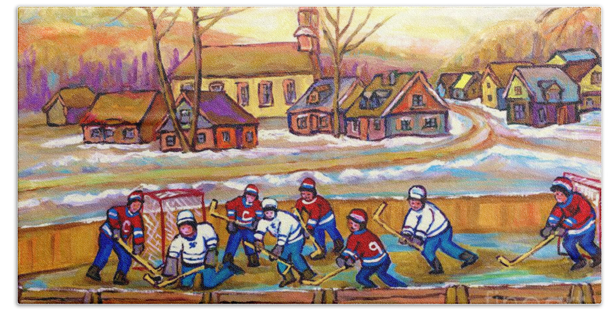 Montreal Hand Towel featuring the painting Canadian Village Scene Hockey Game Quebec Winter Landscape Outdoor Hockey Carole Spandau by Carole Spandau