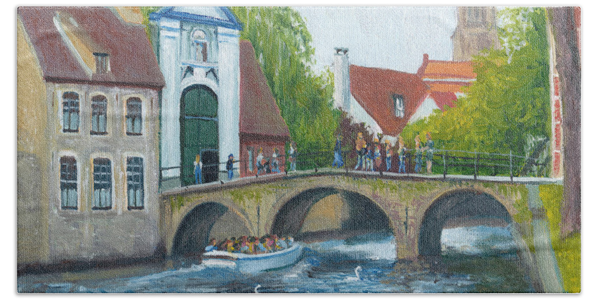 Landscape Hand Towel featuring the painting Canal in Bruges Belgium by Dai Wynn