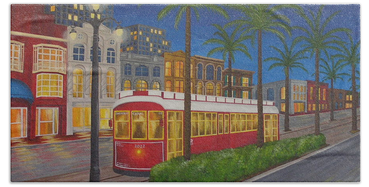 New Orleans Hand Towel featuring the painting Canal Street Car Line by Valerie Carpenter
