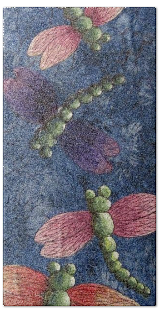 Dragonflies Bath Towel featuring the painting Candy-winged dragons by Megan Walsh