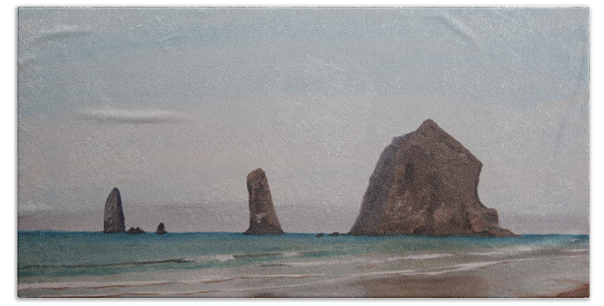  Surf Bath Towel featuring the painting Cannon Beach Haystack Rock by Ian Donley