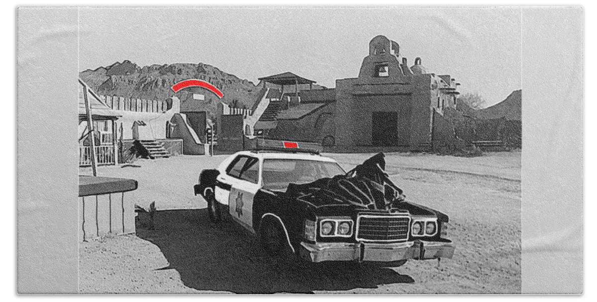 Cannonball Run 2 Brothel  Set Mexican Plaza Old Tucson Arizona Black And White Color Added Adobe Bath Towel featuring the photograph Cannonball Run 2 brothel set  Mexican Plaza Old Tucson Arizona 1984 by David Lee Guss
