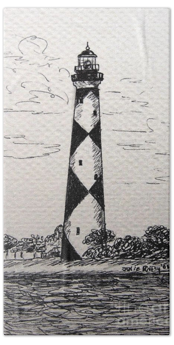 Lighthouse Hand Towel featuring the drawing Cape Lookout Lighthouse NC by Julie Brugh Riffey