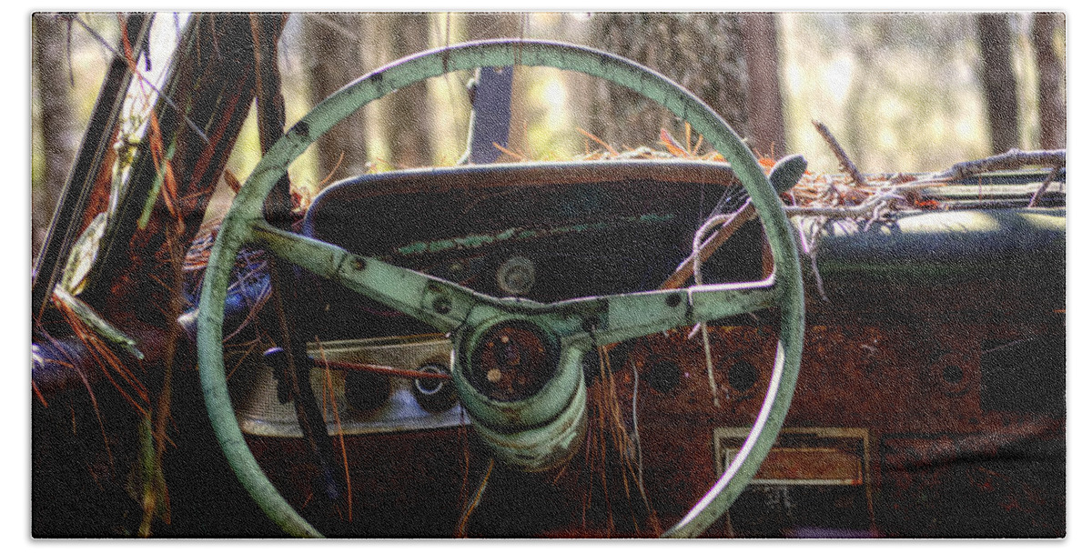 Junk Yard Bath Towel featuring the photograph Car in the Woods by Greg and Chrystal Mimbs