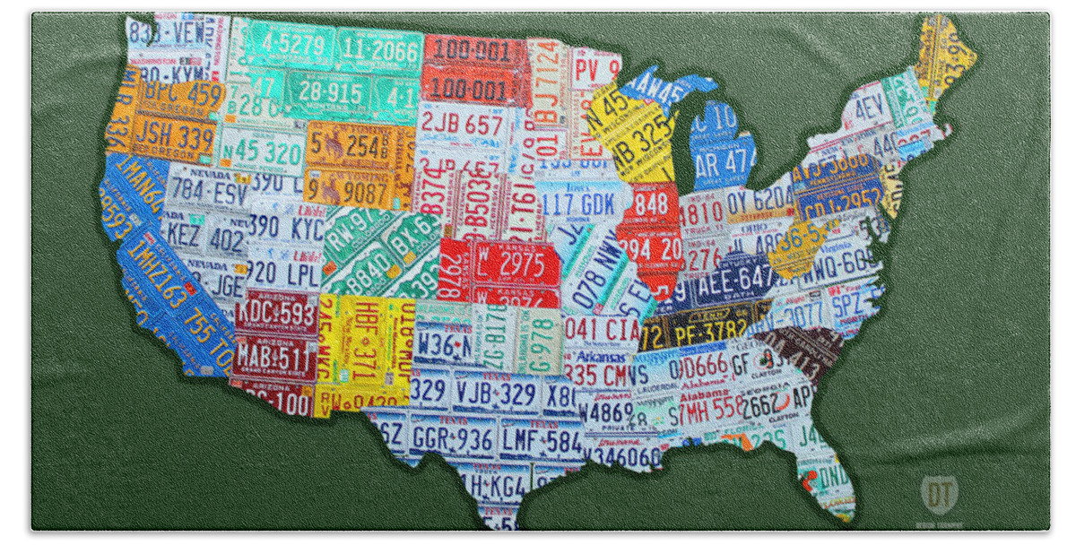 Car Tag Number Plate Art Usa On Green License Plate Map Bath Towel featuring the mixed media Car Tag Number Plate Art USA on Green by Design Turnpike