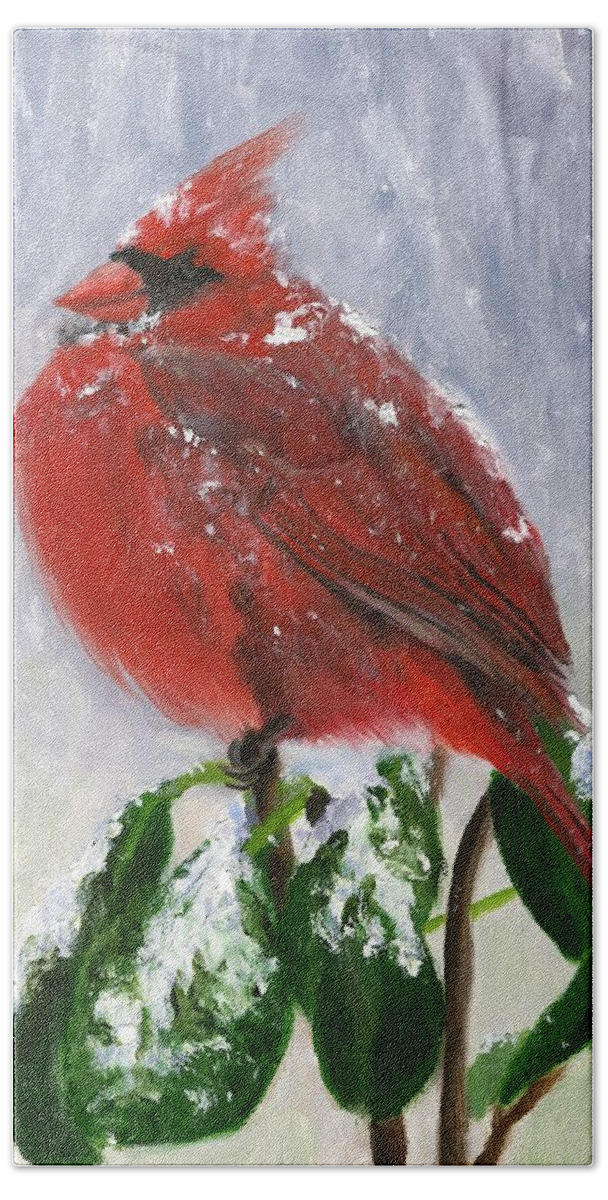 Cardinal Bath Sheet featuring the painting Cardinal in Winter by Deborah Butts