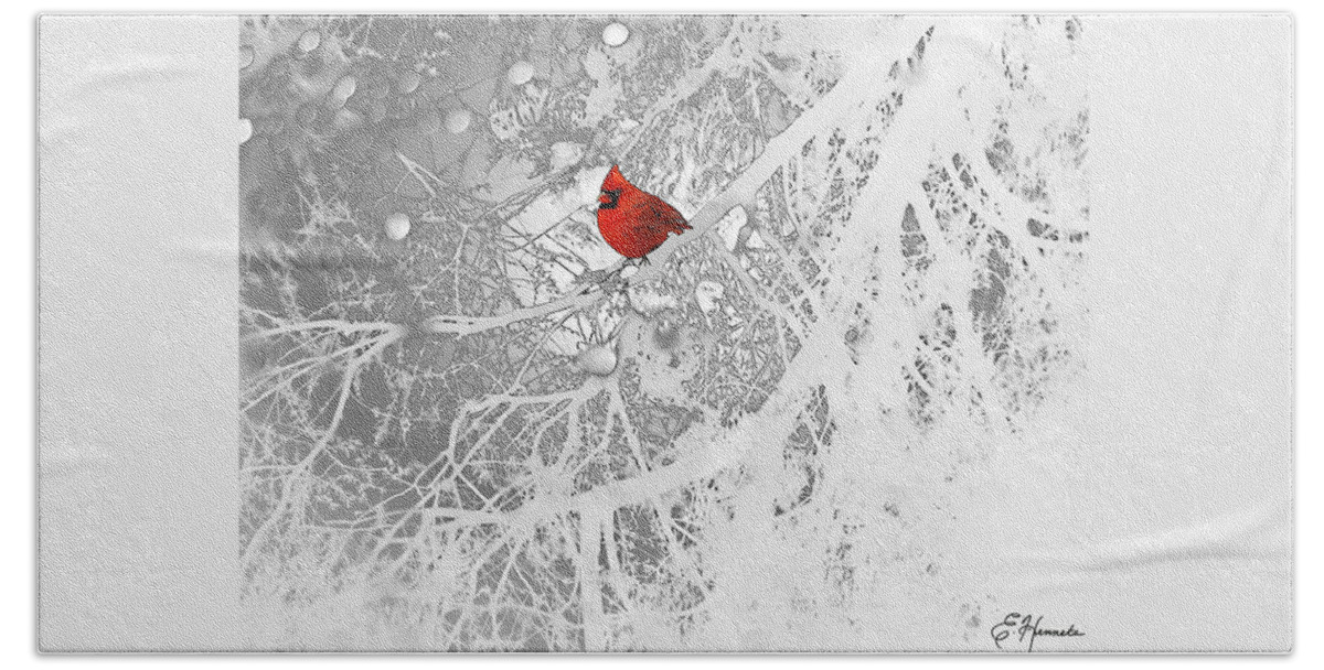 Cardinal In Winter Bath Towel featuring the drawing Cardinal In Winter by Ellen Henneke