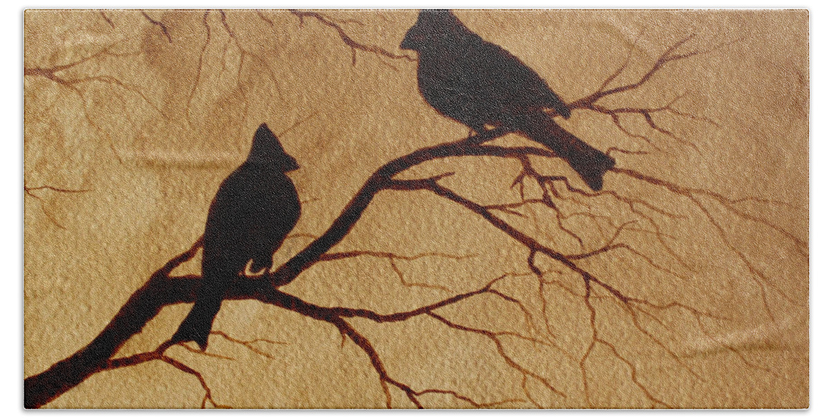 Cardinals Birds Coffee Art Hand Towel featuring the painting Cardinals Silhouettes coffee painting by Georgeta Blanaru