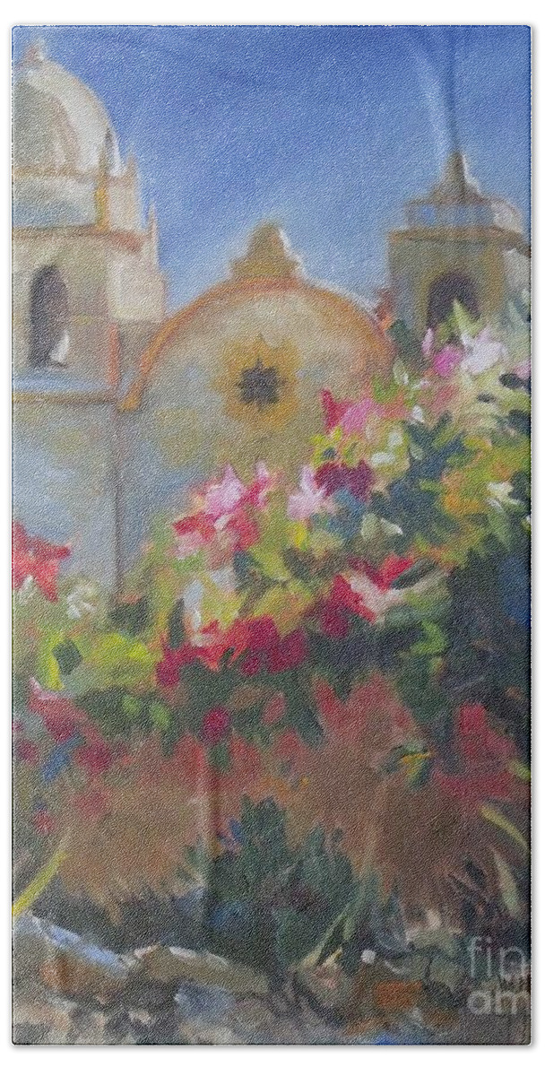 Doodlefly Hand Towel featuring the painting Carmel Mission by Mary Hubley