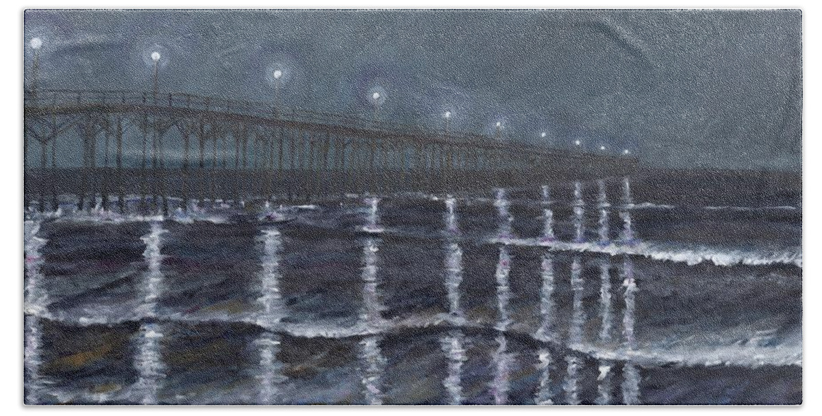 Carolina Beach Pier Bath Towel featuring the painting Carolina Beach Pier by Night by Bev Veals