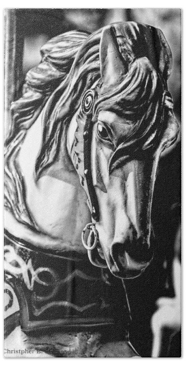 Christopher Holmes Photography Bath Towel featuring the photograph Carousel Horse Two - BW by Christopher Holmes