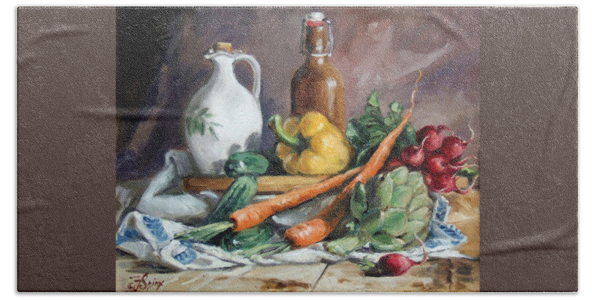 Vegetables Bath Towel featuring the painting Carrots and company by Irek Szelag