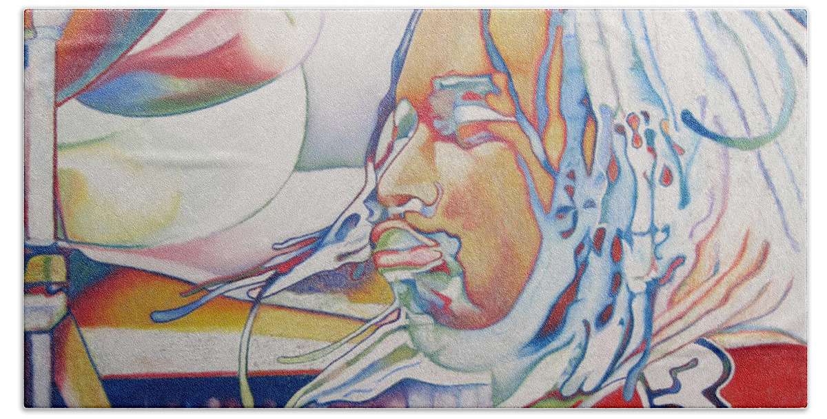 Carter Beauford Bath Towel featuring the drawing Carter Beauford Colorful Full Band Series by Joshua Morton